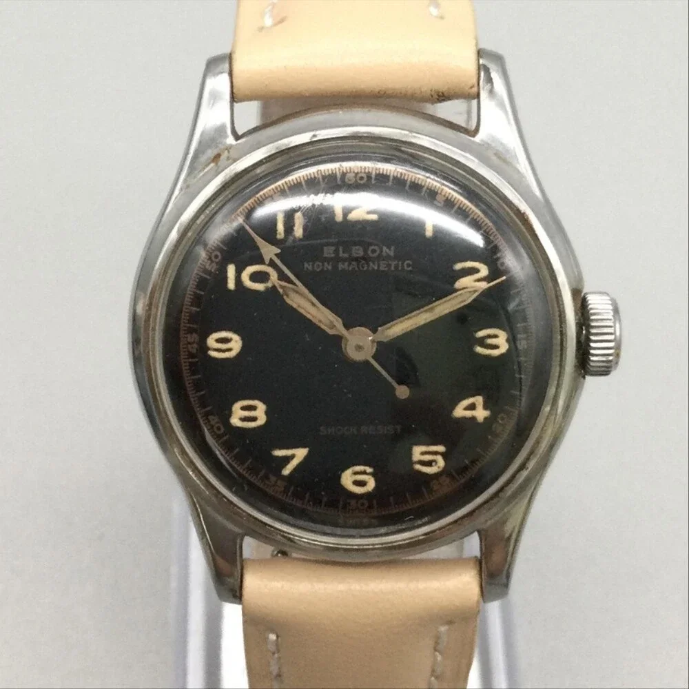 Vintage Elbon Non Magnetic Mens Watch 30mm Silver Tone Black Dial Manual Wind
